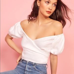 NWT “Reformation” Framboise White 100% Linen Wrap Front Off The Shoulder Top -12